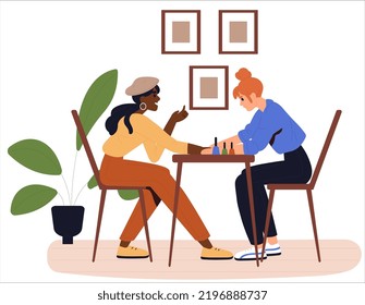 Manicure master is doing a manicure for a client in the beauty salon. Nail design, treatment. Women flat vector illustration.