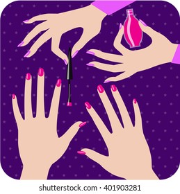Manicura. Maestro que pintó manicura de uñas. Manos del maestro de la manicura