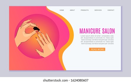 Manicure and nail art salon web template with female manicured hands and fingers with nail polisher bottle cartoon vector illustration. Manicure salon webpage.