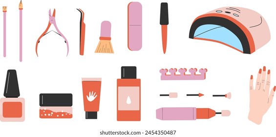 Manicure and nail art tools collection. Design for beauty salon equipment, nail technician supplies, and hand care advertisement.