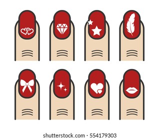 Manicure with nail art vector icons set. Collection of woman fingers with manicure illustration.