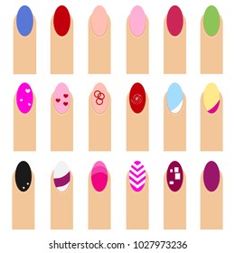 Manicure of the nail. Multicolored manicure of a female finger. Flat design, vector illustration, vector.