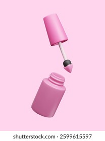Manicure nail polish bottle 3D cartoon style vector illustration. Pink nail polish brush applicator with liquid paint lacquer drop. Manicure and pedicure beauty salon accessory style fashion makeup.