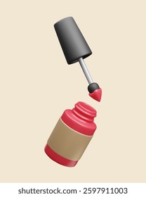 Manicure nail polish lacquer bottle 3D vector illustration. Fashion beauty makeup manicure salon accessory tool. Red, black and gold nail polish open bottle with brush applicator 3D cartoon vector.