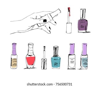 Manicure. Nail Polish, Nail Lacquer, Polish, Nail Enamel Set. Vector color illustration