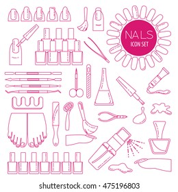 Manicure, nail salon. Icon set. Thin line design. Vector illustration