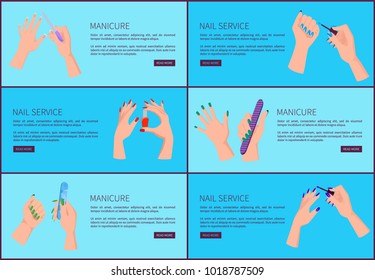 Manicure and nail service, set of web pages with headlines and text sample, buttons and hands with brush and fingernail polish vector illustration