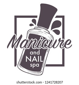 Sopa de manicura y uñas, logotipo de boceto de esmalte en esmalte