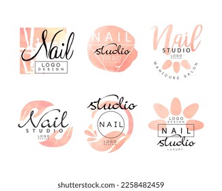 Manicure Nail Studio Logo Design with Pink Watercolor Element Vector Set