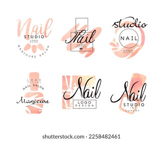 Manicure Nail Studio Logo Design with Pink Watercolor Element Vector Set