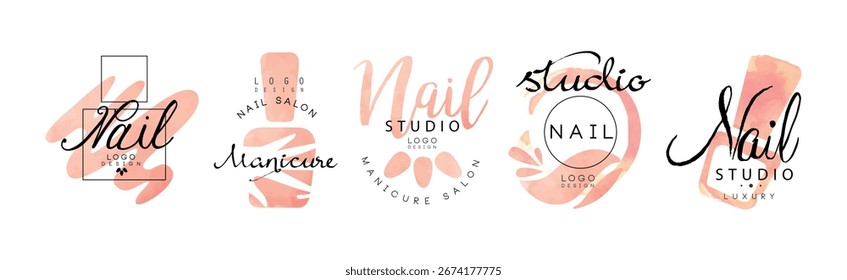 Set de Vector de diseño de logotipo y etiqueta de manicura Nail Studio