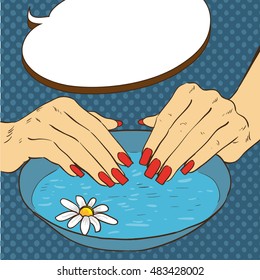 Manicure and nails care concept vector illustration in comic pop art style.