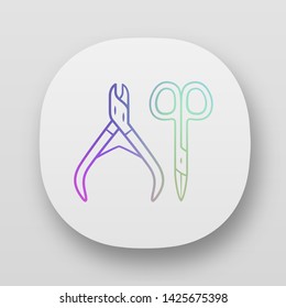 Manicure nippers and nail scissors app icon. UI/UX user interface. Body care, hygiene accessories. Web or mobile application. Pedicure tools vector isolated illustration. Small toiletries, clippers