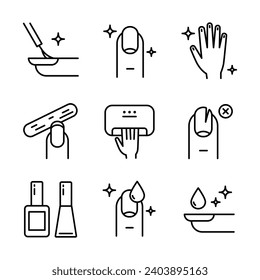 Manicure outline icon set. Tools for cosmetic beauty treatment for the fingernails and hands, linear icons. Nail care. Thin line illustration. Contour symbol. Vector isolated outline drawing.