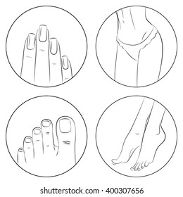 Manicure, pedicure and body care vector icon set. Pack of 4 icons in modern thin line style. Isolated on white background