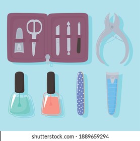 manicure and pedicure case with tools file and nail clippers scissors nail polish set icons vector illustration