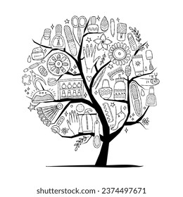 Manicure and pedicure collection. Concept art tree for your design. Colouring page