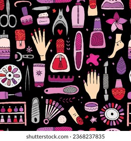 Manicure and pedicure collection. Horizontal seamless pattern background for your design
