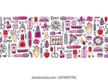 Manicure and pedicure collection. Horizontal seamless pattern background for your design