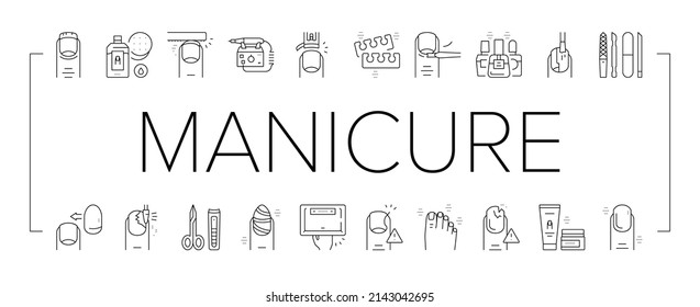 Manicure And Pedicure Collection Icons Set Vector. Nail Polish And Scissors, Tweezers And Cream, Cuticle Nipper And Uv Lamp Manicure Equipment Black Contour Illustrations