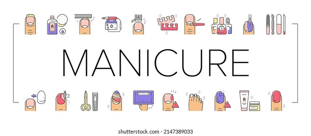 Manicure And Pedicure Collection Icons Set Vector. Nail Polish And Scissors, Tweezers And Cream, Cuticle Nipper And Uv Lamp Manicure Equipment Concept Linear Pictograms. Color Contour Illustrations