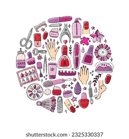 Manicure and pedicure collection. Icons set. Circle background for your design