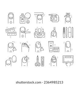 Manicure And Pedicure Collection Icons Set Vector. Nail Polish And Scissors, Tweezers And Cream, Cuticle Nipper And Uv Lamp Manicure Equipment Black Contour Illustrations