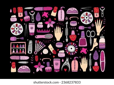 Manicure and pedicure collection. Icons set. Horizontal background for your design