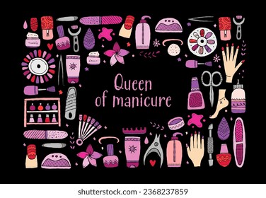 Manicure and pedicure collection. Icons set. Horizontal background for your design