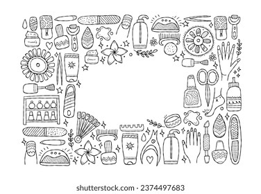 Manicure and pedicure collection. Icons set. Horizontal background for your design. Colouring page