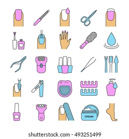 Manicure and pedicure color icons set. Nail polish, scissors, epilator, spa bath, soap, cream, tweezers, foot rasp, cuticle nipper. Isolated vector illustrations