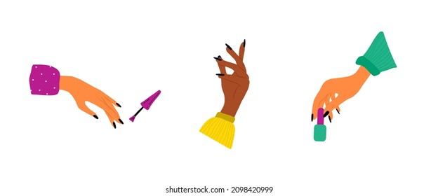 Manicure and pedicure concept. Elegant female hands. Beauty logo for nail studio or spa salon. Vector Illustration in flat cartoon style.