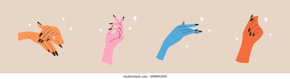 Manicure and pedicure concept. Elegant female hands. Beauty logo for nail studio or spa salon. Vector Illustration in flat cartoon style.