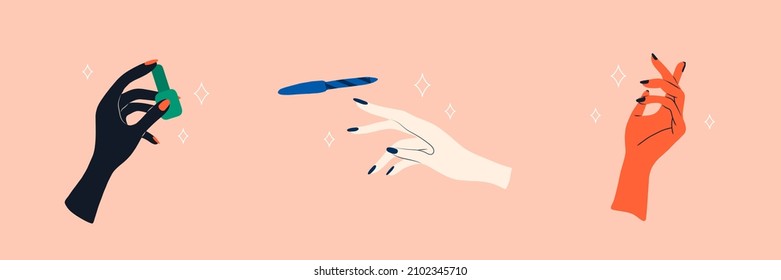 Manicure and pedicure concept. Elegant female hands. Beauty logo for nail studio or spa salon. Vector Illustration in flat cartoon style.