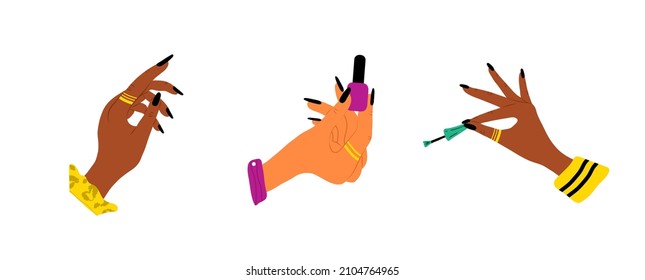 Manicure and pedicure concept. Elegant female hands. Beauty logo for nail studio or spa salon. Vector Illustration in flat cartoon style.