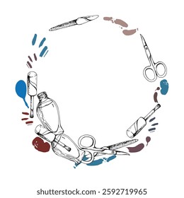 Manicure pedicure cuticle polish varnish lacquer color splashes, nail file emery board, scissors. Isolated wreath frame, line vector hand drawn ink sketch. Beauty parlor illustration, cosmetics shop