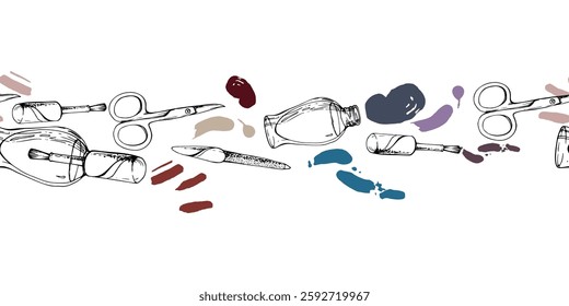 Manicure pedicure cuticle polish varnish lacquer splashes, nail file emery board, scissors. Isolated seamless banner, line vector sketch hand drawn in ink. Beauty parlor illustration, cosmetics shop