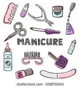 Manicure and pedicure doodle set. Isolated on a white background. Grunge line.