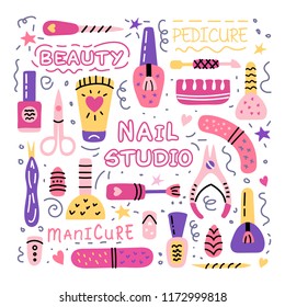 Manicure pedicure doodle tools set with nail polish symbol, scissors, polish, cream. Lettering manicure. Nail studio, salon banner. Beauty icons for spa. Vector illustration.