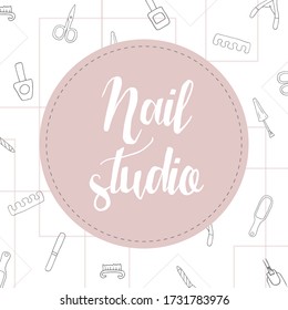 Manicure pedicure doodle tools set with nail polish symbol, scissors, polish, cream. Lettering manicure. Nail studio, salon banner. Beauty icons for spa. Vector illustration.