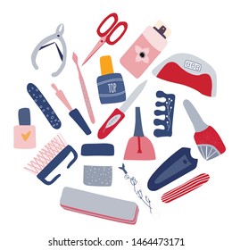 Manicure  pedicure equipment vector circle concept with nail scissors, polish, cream. Collection for nail studio, salon. Beauty banner for spa. Doodle vector illustration