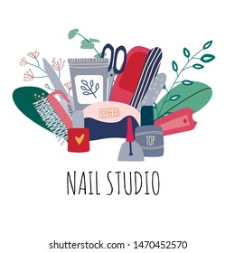 Manicure  pedicure equipment vector composition with nail scissors, polish, lamp. Concept for nail studio, salon. Beauty banner for spa with typography. Doodle vector illustration