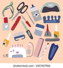Manicure  pedicure equipment vector concept with nail scissors, polish, nail drill machine. Collection for nail studio, salon. Beauty banner for spa. vector illustration