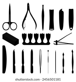 Manicure, pedicure and face cleaning tools black silhouettes, vector illustration isolated on white background. Essential nail and face care accessories.