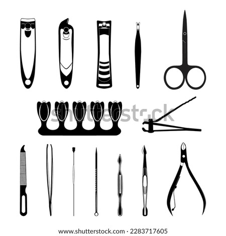 Manicure, pedicure and face cleaning tools black silhouettes, vector illustration isolated on white background. Essential nail and face care accessories.