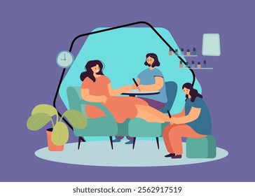 Manicure and pedicure for female client in spa salon. Nail technician making hygiene procedures for lady sitting at table of parlor interior flat vector illustration. Beauty treatment service concept