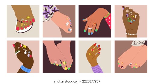 Tratamientos femeninos de manicura y pedicura. Pies y manos con joyas de belleza y arte de uñas. Spa para piernas, salón de mujeres escenas vectoriales decentes, diseño creativo neón