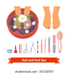 Manicure pedicure foot spa beauty care set. Flat style icons and illustration isolated on white.