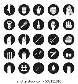 Manicure and pedicure icons set. Nail polish, scissors, epilator, spa bath, soap, cream, tweezers, foot rasp, cuticle nipper. Vector white silhouettes illustrations in black circles