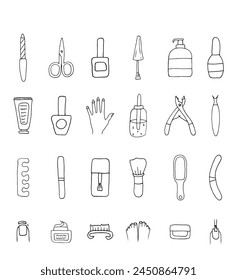 Manicure and pedicure icons. Simple vector set. Contains such sign as nail file, scissors, brush and more. Beautiful simple icons